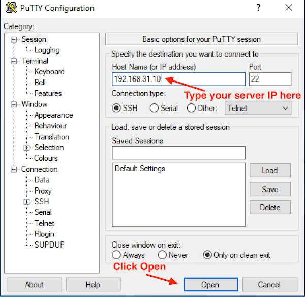 PuTTY লগিন ইন্টারফেস